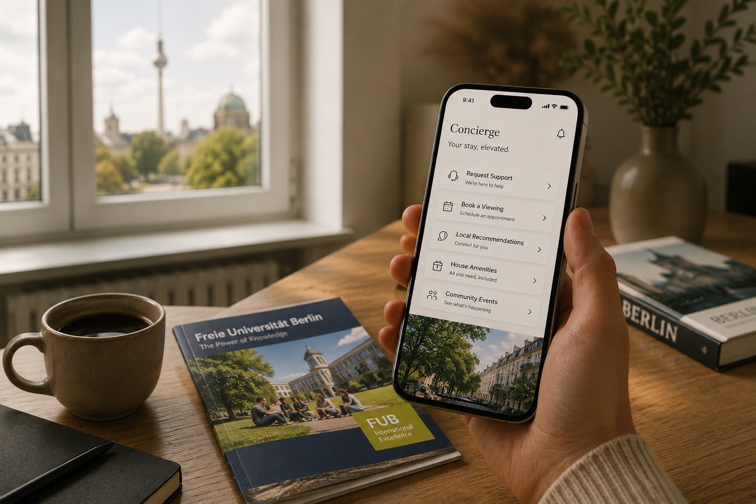 Hand mit Smartphone, das die Campus-Living-Berlin Concierge-Oberfläche zeigt, daneben eine FU-Broschüre und Kaffee am Holz-Schreibtisch im Fensterlicht