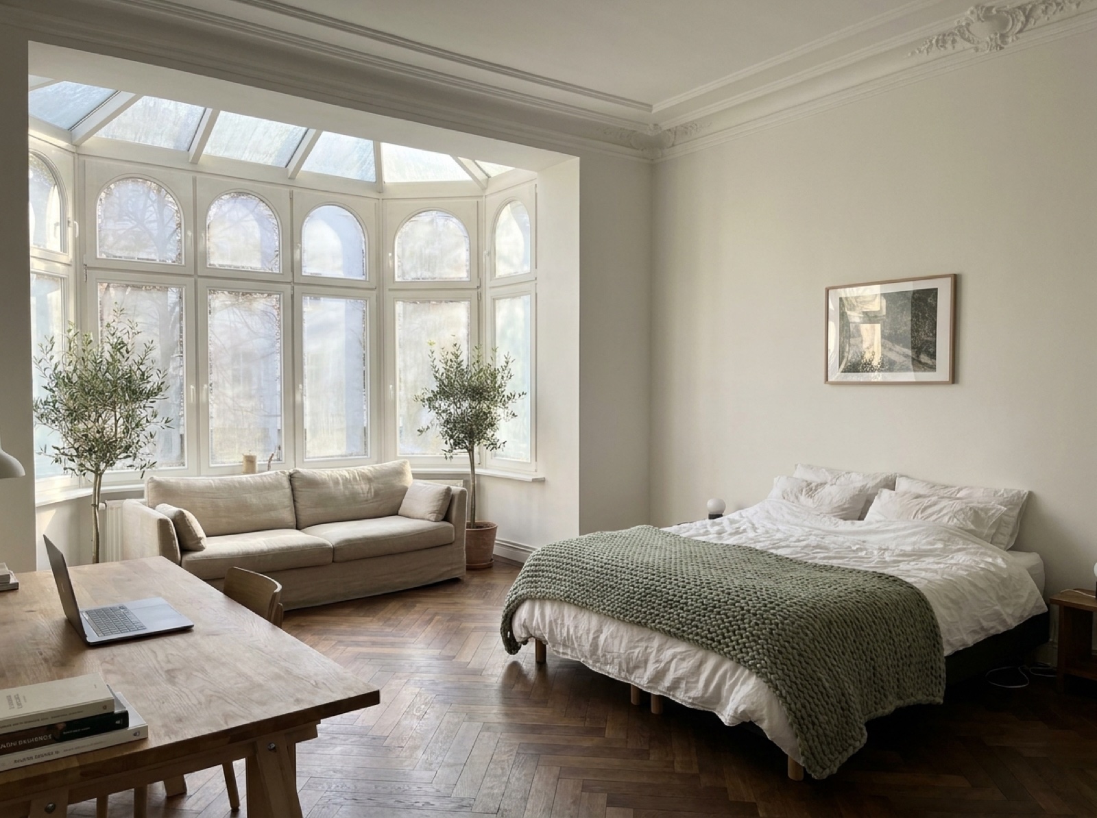 Garden Suite — large room with bay-window winter garden, sofa, generous desk, lounge feel